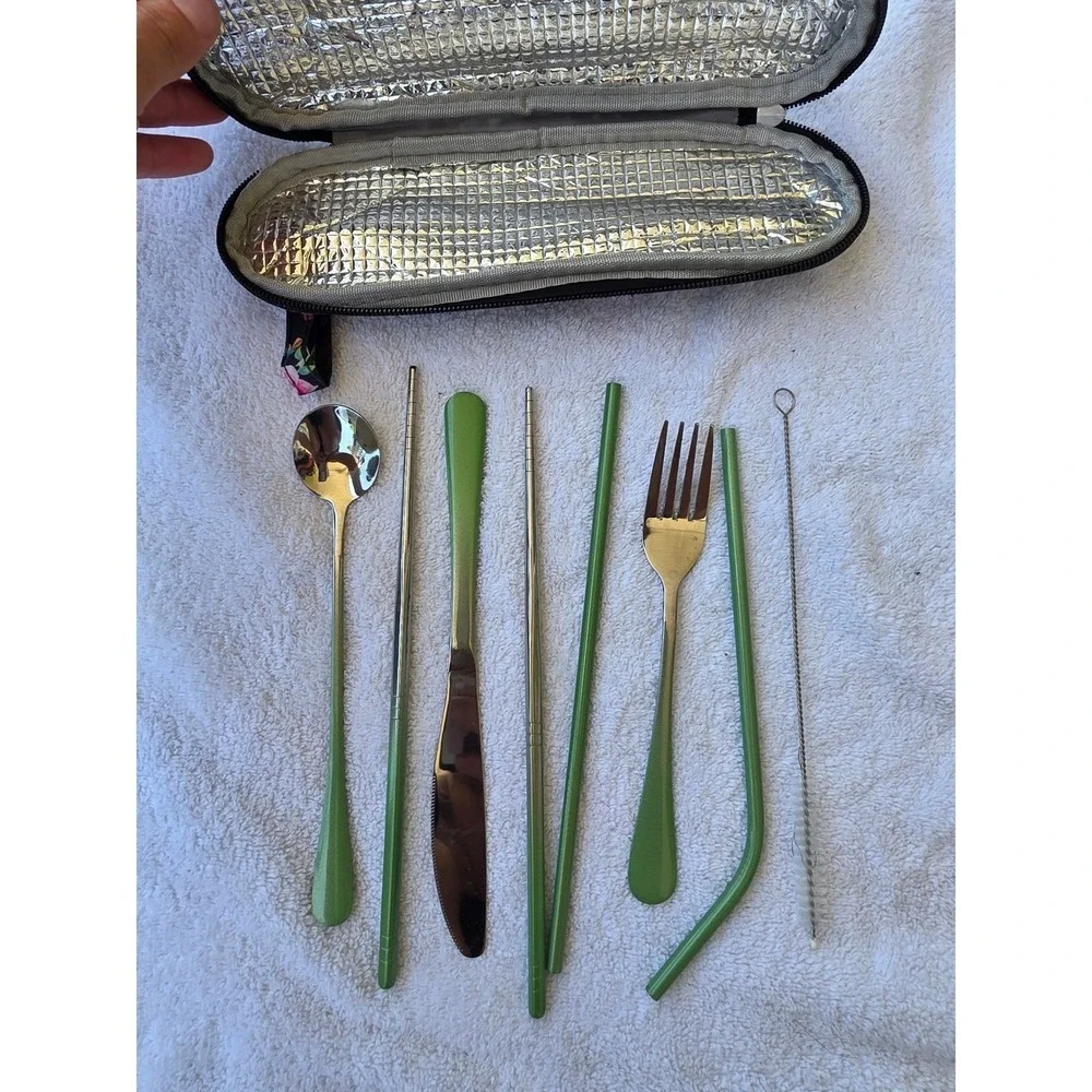 TOPBOOC Portable Travel Cutlery Set Stainless Steel Green 8 Piece Floral Case K3